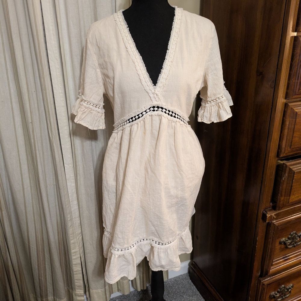 Simplee Apparel Cream V-Neck Tiered Midi Dress with Crochet Trim